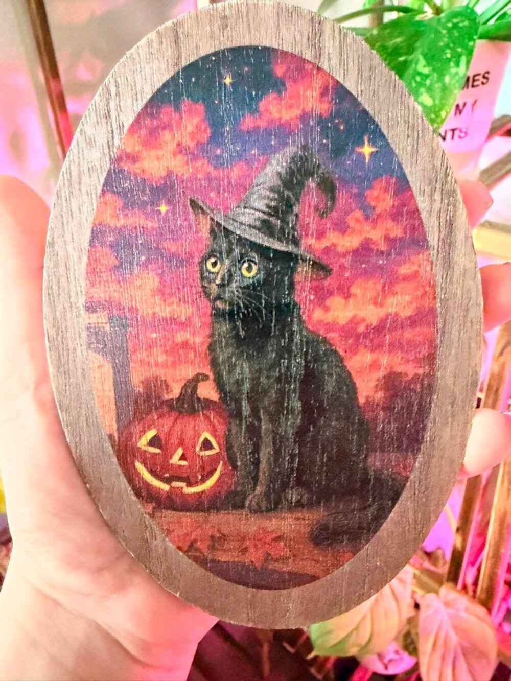 Set of 3 Rustic Halloween Wood Plaques Ghost Black Cat Raven Hand-sized